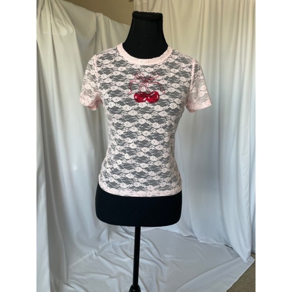 NEW Pink Lace Red Cherry Bow Top Jrs Sz Large Short Sleeve Y2K Baby Tee Flirty